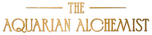 Gold art deco style text logo reading 'The Aquarian Alchemist' on transparent background