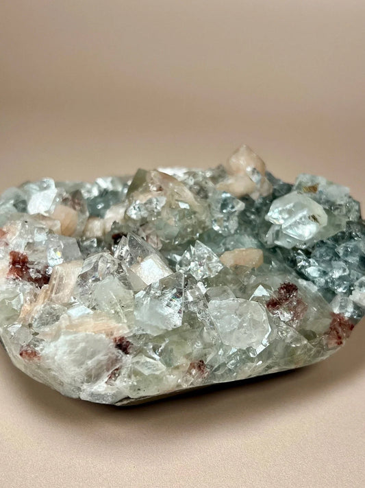 Apophyllite with peach stilbite crystals on chalcedony mineral specimen