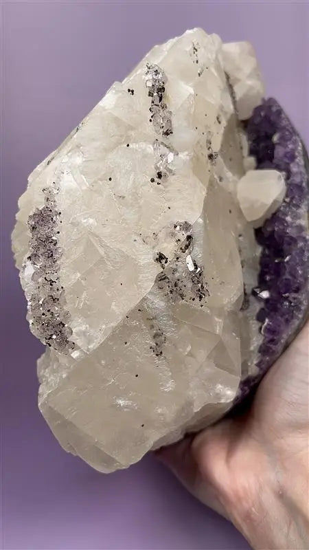 Hand holding Brazilian amethyst calcite cluster with goethite inclusions on purple background