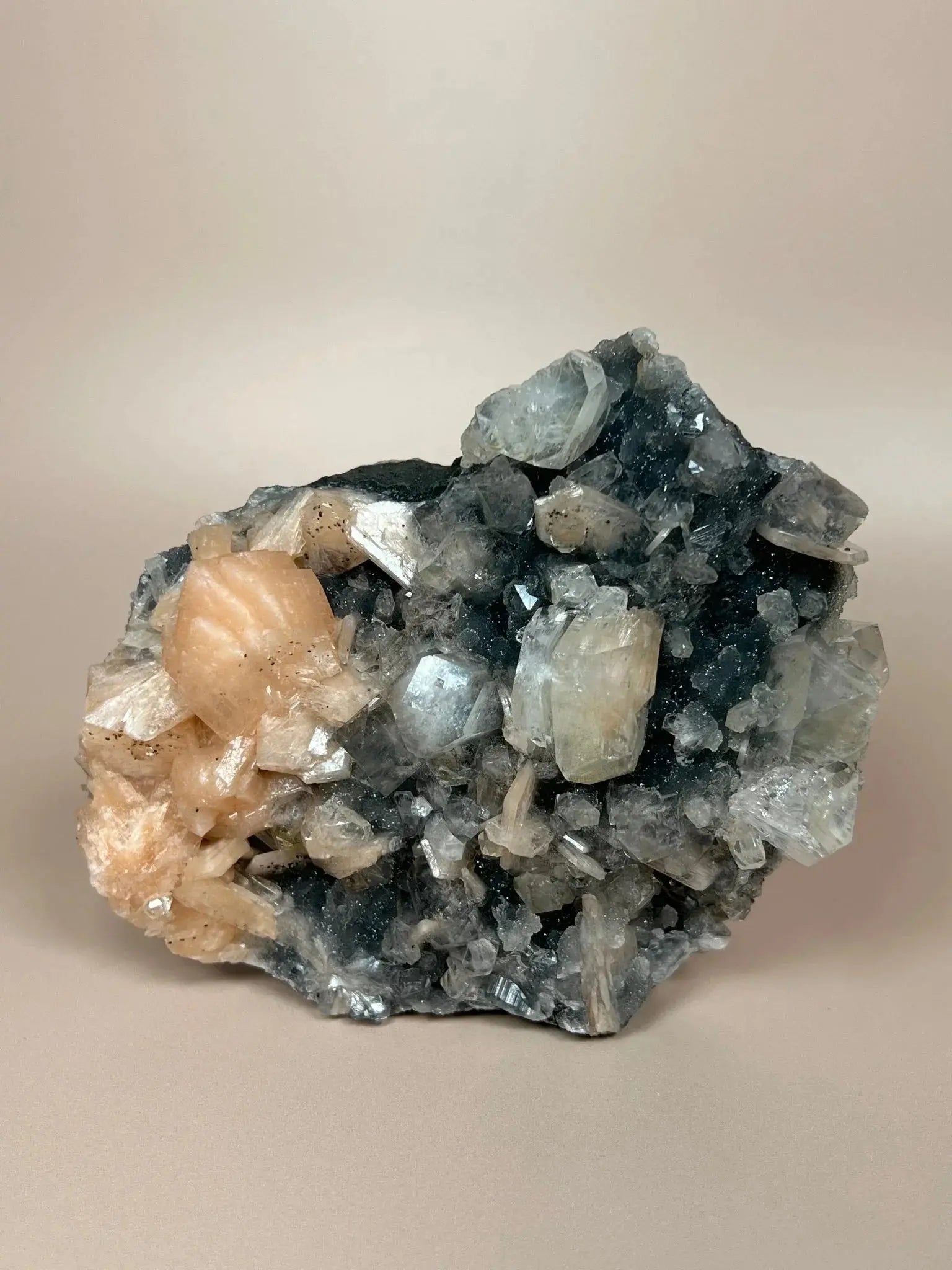 Double-sided black chalcedony crystal cluster with diamond apophyllite and stilbite