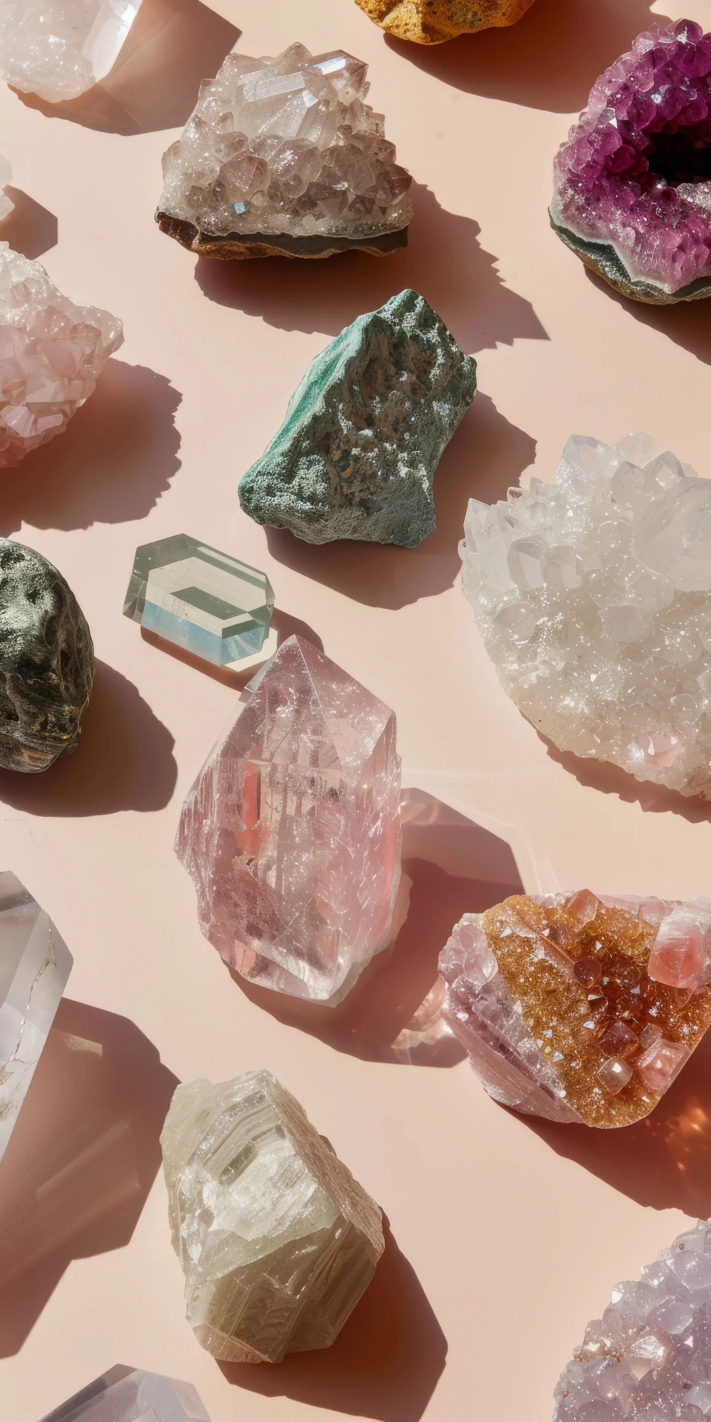 Assorted raw crystals and gemstones on a light peach background, natural quartz, amethyst, citrine