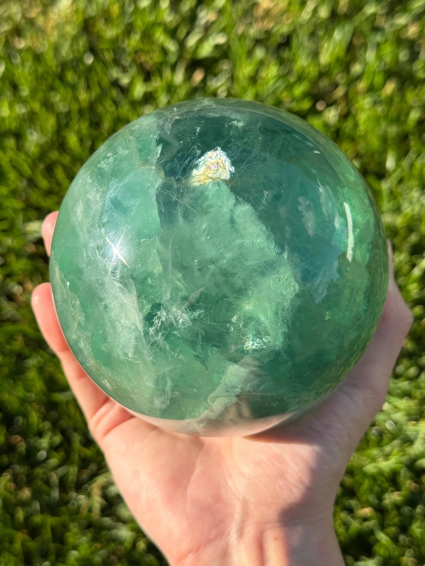 Juicy Green Fluorite Sphere with Rainbow Inclusions | 108mm - The Aquarian Alchemist