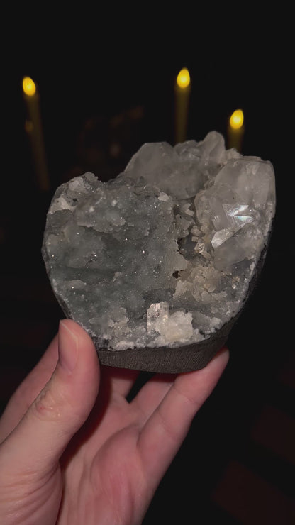 Moody Blue Chalcedony, Cubic Apophyllite with Grey Hues | Self-Standing 3.24"