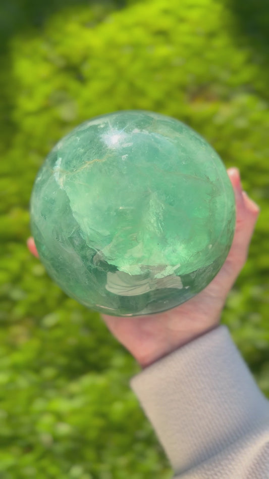 Juicy Green Fluorite Sphere with Rainbow Inclusions | 108mm