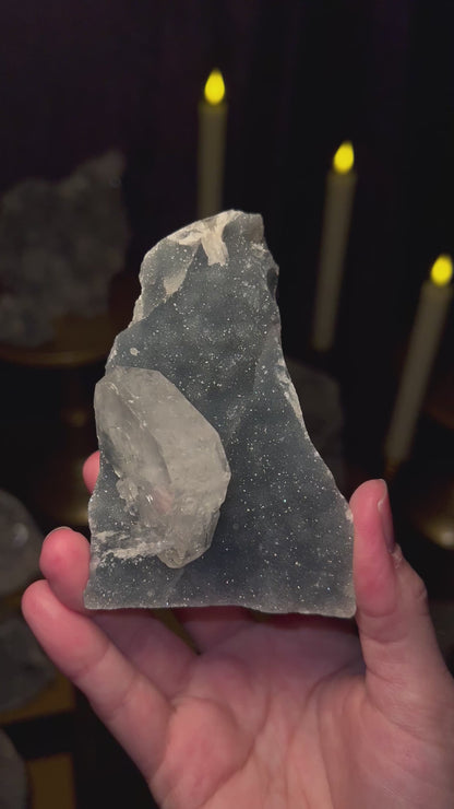 Druzy Blue Chalcedony, Chunky Apophyllite with Grey Hues | Self-Standing 3.78"